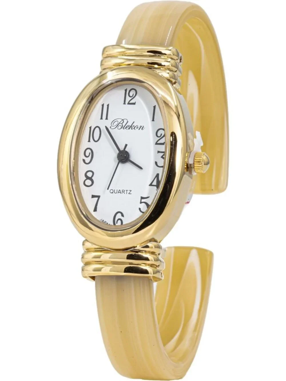Women's Gold-Ivory/Oval Comfortable Shell Color Design Cuff Bangle Stylish Watch